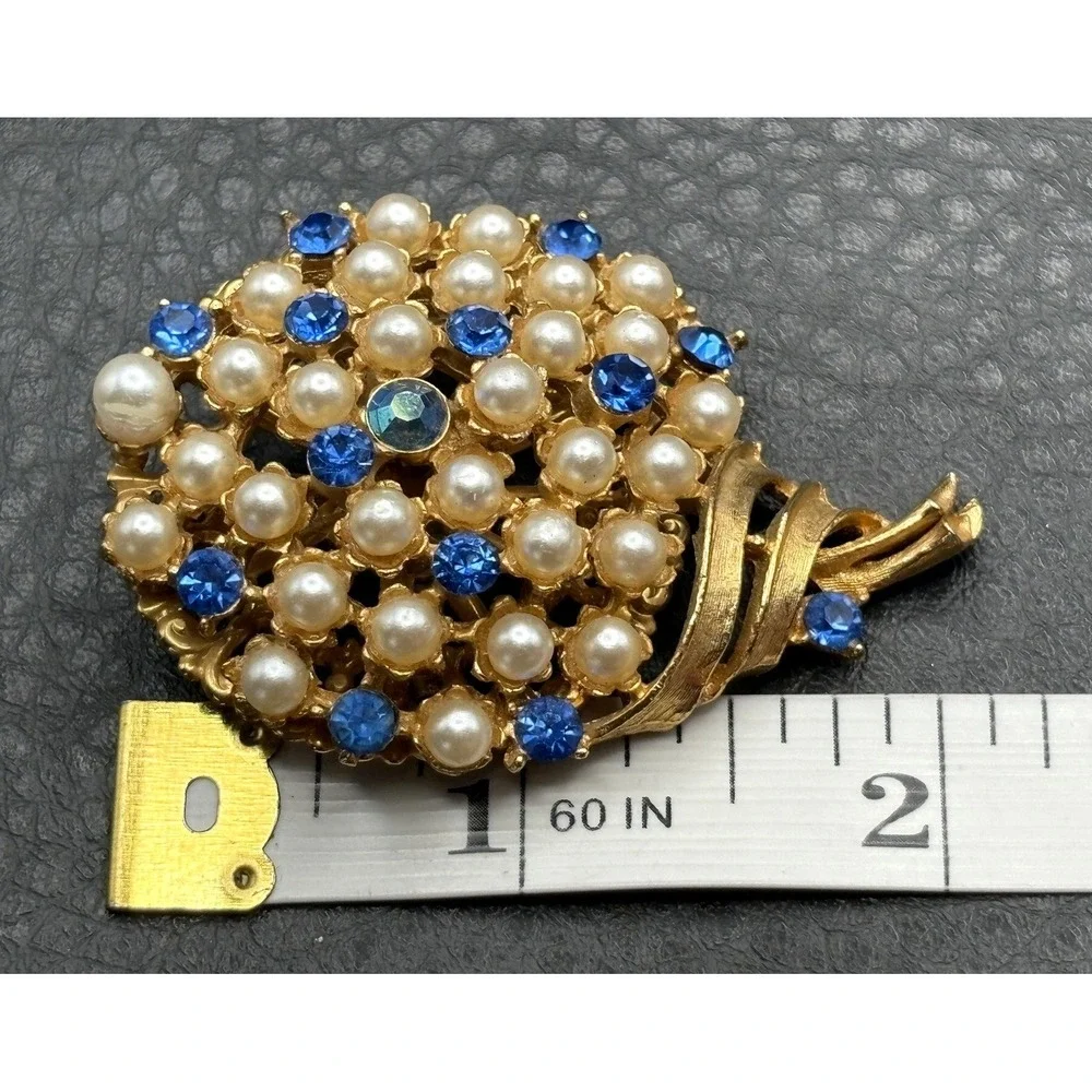 Vintage Gold Tone Blue Rhinestone Faux Pearl Brooch Pin Floral Statement